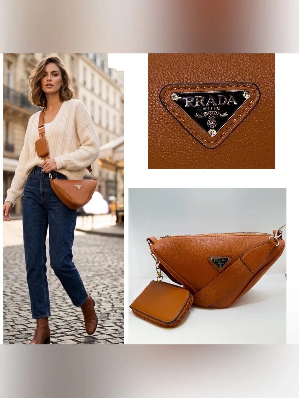 Designer-Inspired Brown Faux Leather Triangle Logo Crossbody Bag W/Pouch